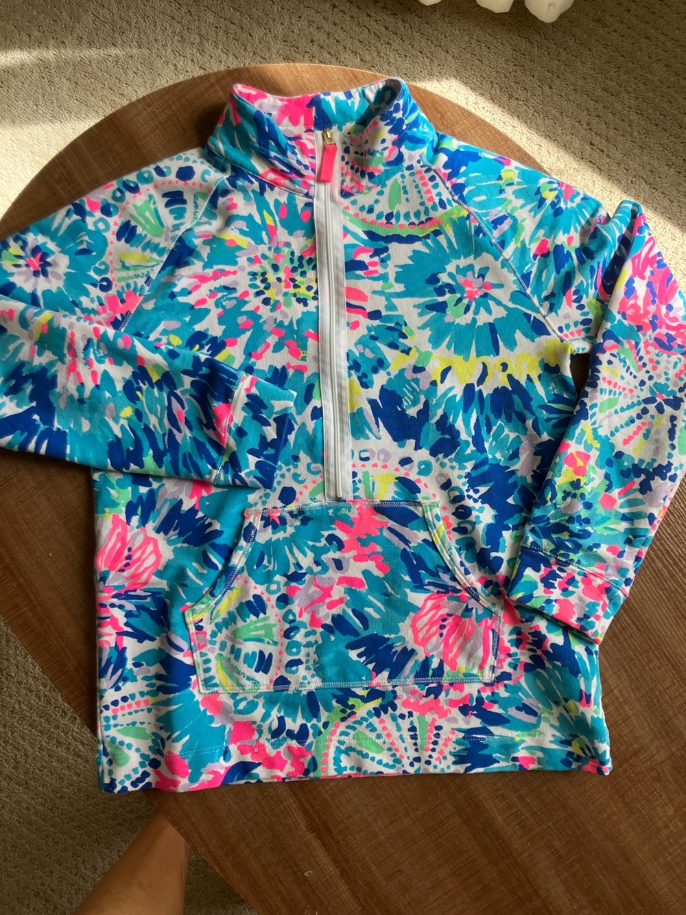 Lilly Pulitzer Kids Bright Turquoise Floral Half-Zip Hoodie with Pink & Navy